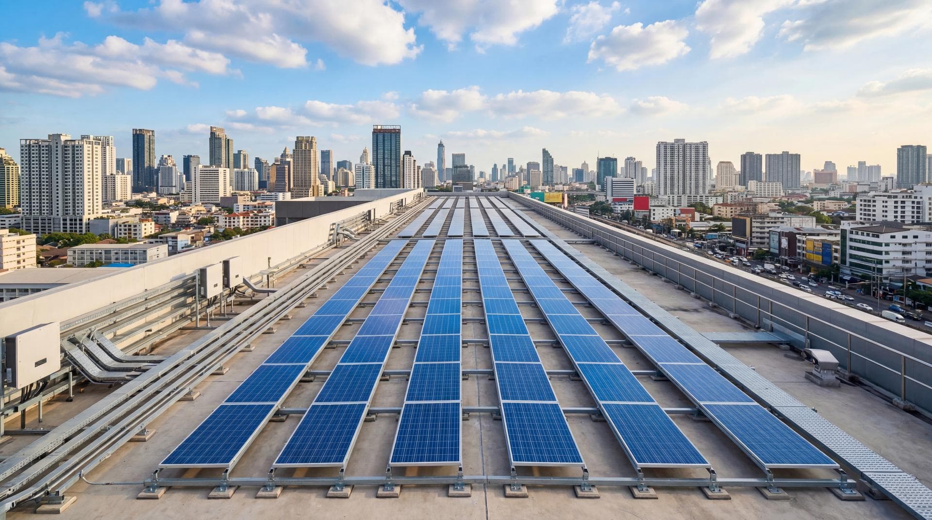 Commercial solar panel installation on a building rooftop